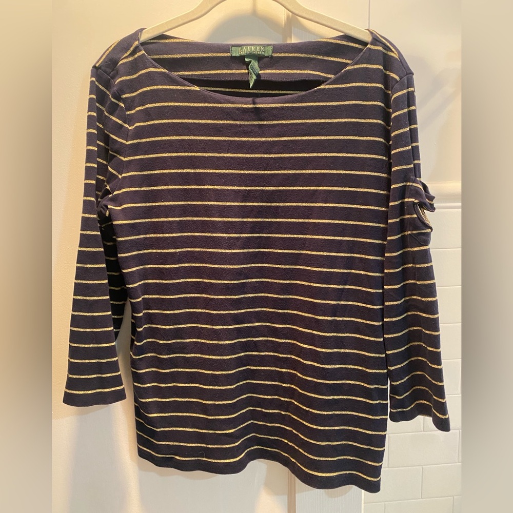 Lauren Ralph Lauren-Bracelet Sleeve Top w/Crested Pocket, Navy/Gold, Size  XL